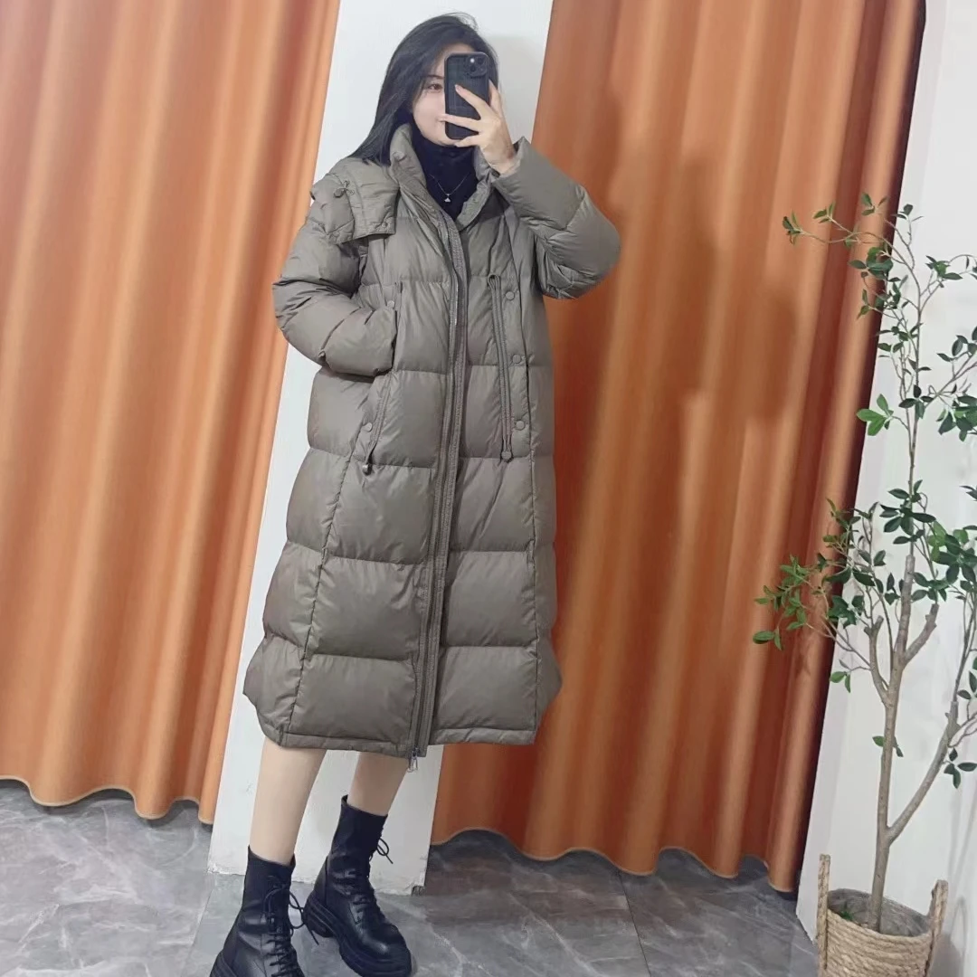 241273新款时尚高端宽松休闲连帽过膝中长款90鹅绒服