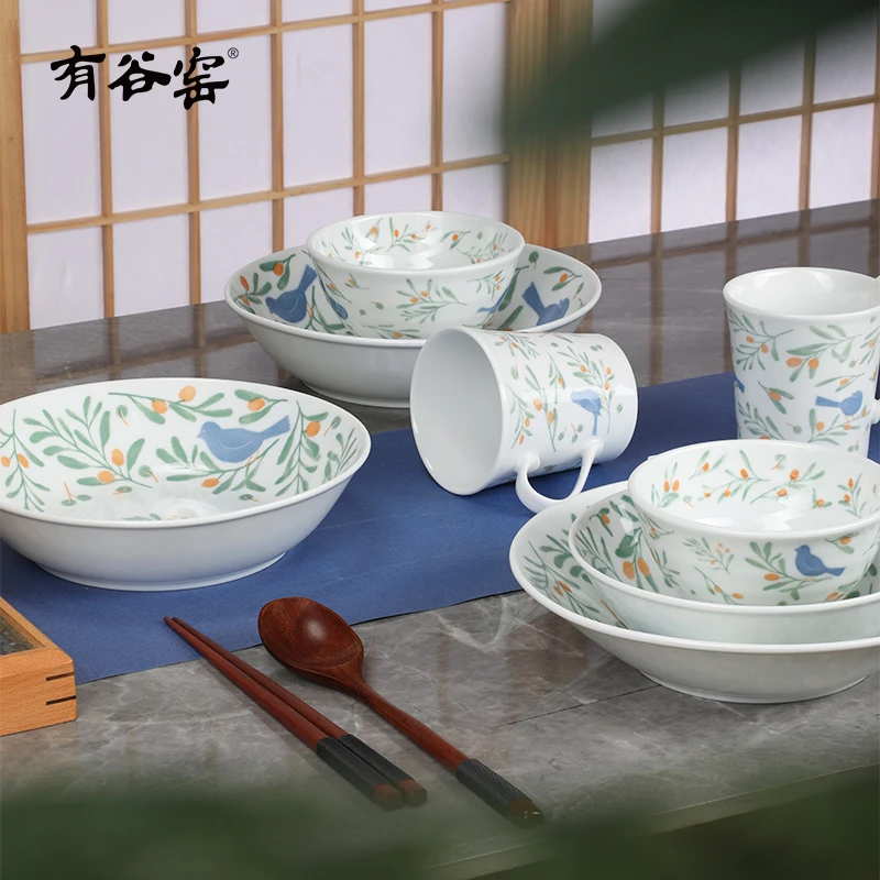 【套装】有谷窑蓝雀橄榄釉下彩餐具家用瓷碗米饭碗菜盘碟套装组合