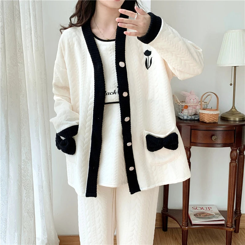 带胸垫三件套秋冬季月子服产后孕妇睡衣空气棉春秋产妇哺乳家居服