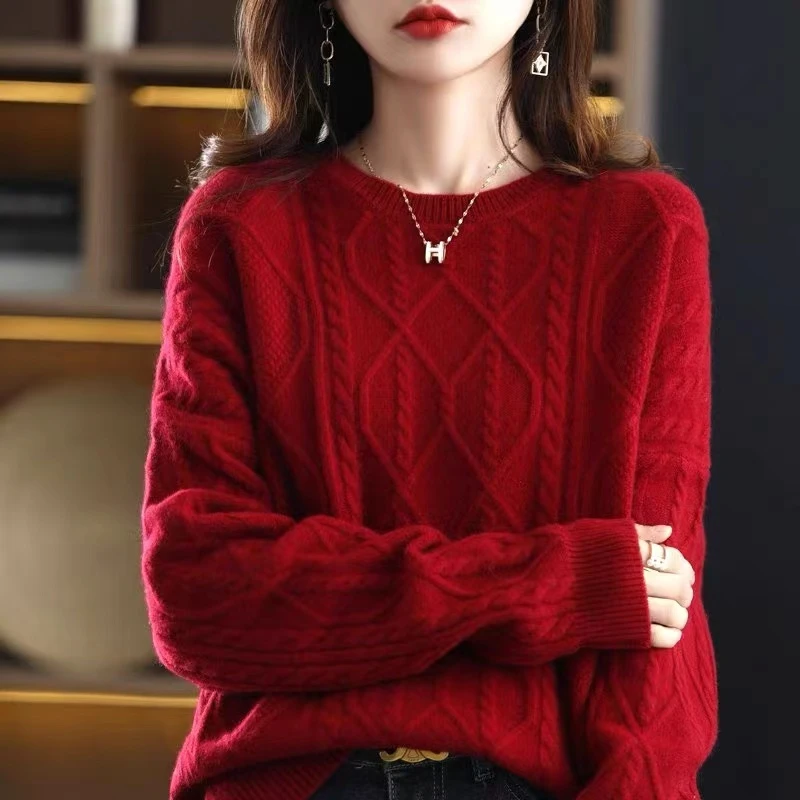 重工加厚！100山羊毛女圆领韩版宽松慵懒风针织衫色百搭长袖毛衣