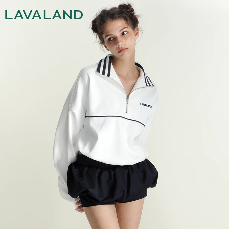 【撞色条纹polo】LAVALAND初秋条纹半拉链立领宽松套头短卫衣外套