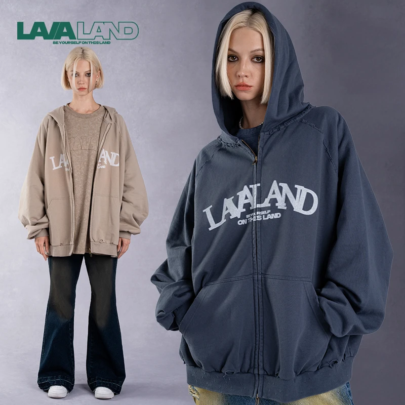 【份量超值】LAVALAND松弛减龄重磅水洗破洞复古做旧连帽卫衣外套