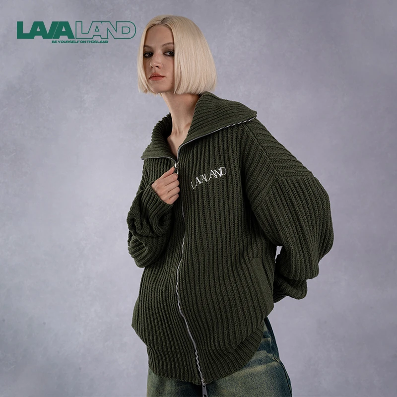 【知识分子】LAVALAND绿色宽松休闲粗棒针三穿拉链毛衣针织开衫外套