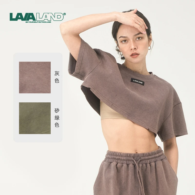 【辣妹必入】LAVALAND 复古宽松露脐水洗短袖