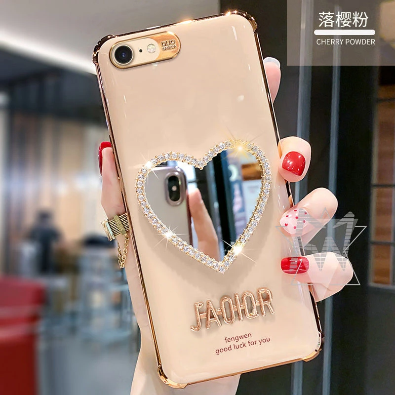 苹果8手机壳全包边防摔气囊iPhone8超薄硅胶爱心化妆镜子网红软壳