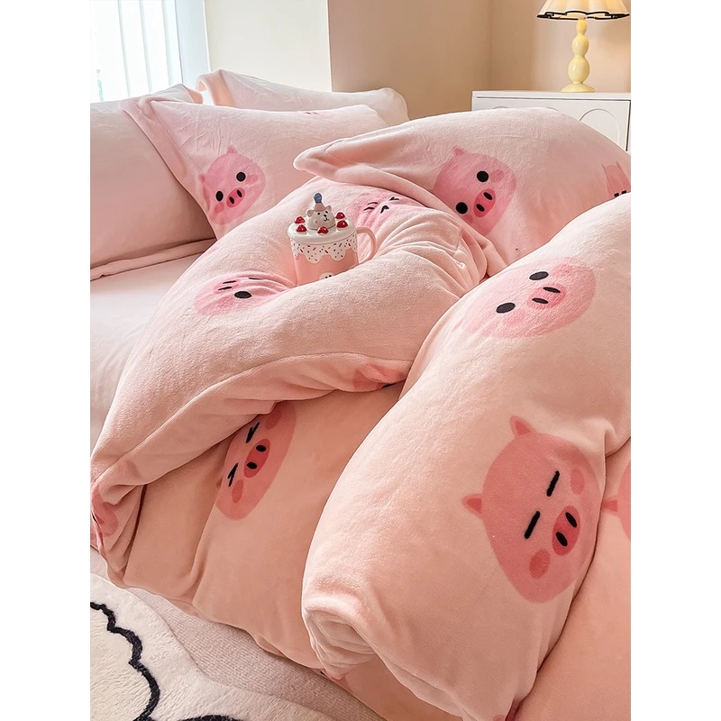 可爱冬季牛奶绒床上四件套双面加厚珊瑚法兰绒床品被套床单三件套