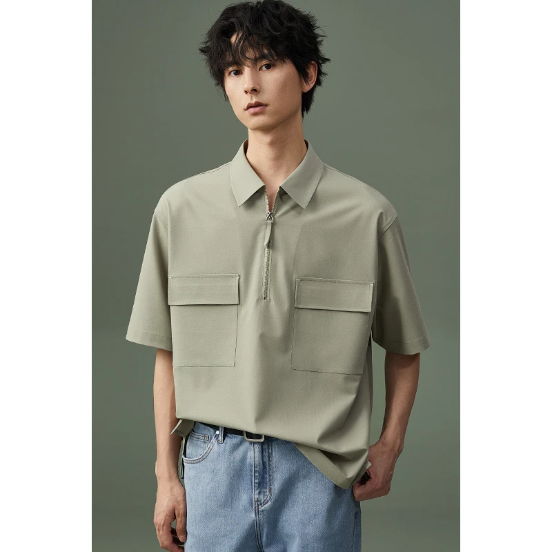 夏季薄款轻奢短袖衬衫男设计感高级工装POLO领休闲衬衣潮EC905