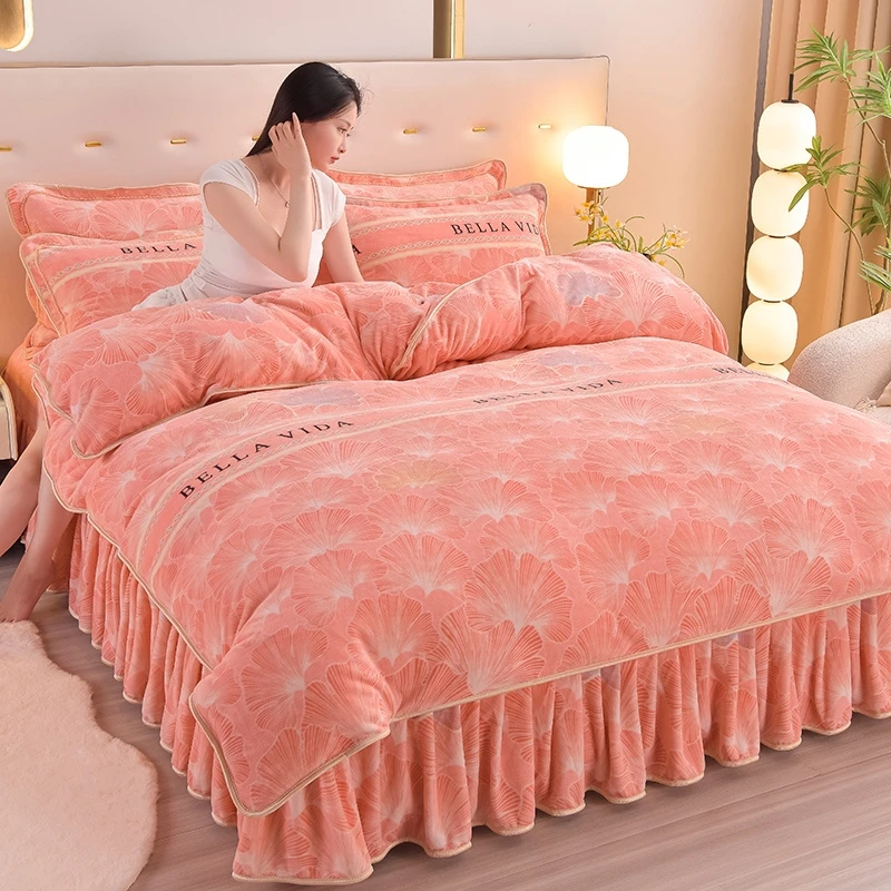 新款床裙款牛奶绒四件套法兰绒宝宝绒加绒情人节床上送礼