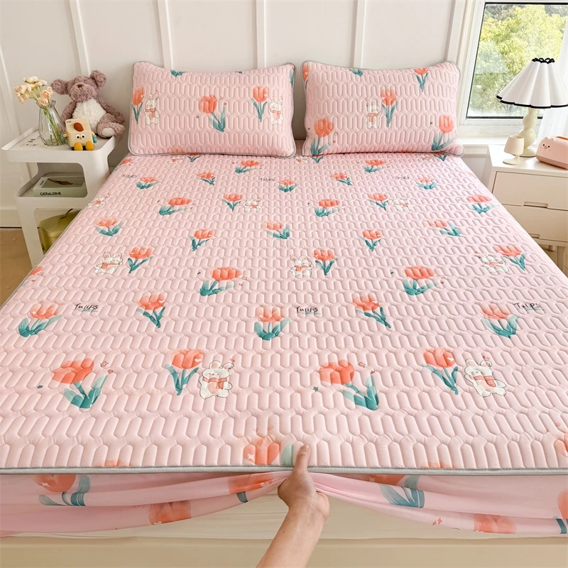 浪莎2024直播新款加厚印花凉感丝乳胶凉席床笠款三件套郁金粉