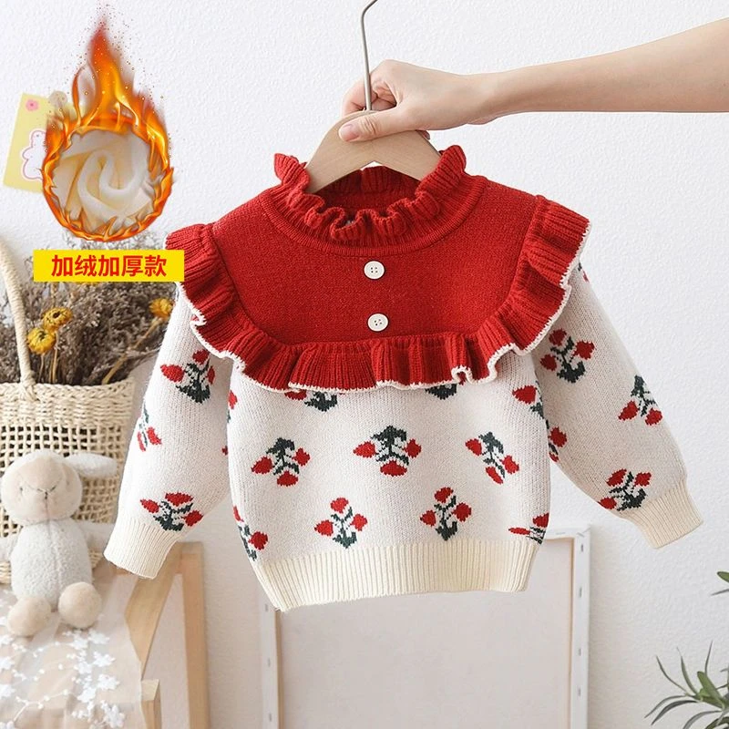 1-5岁女宝宝加厚套头毛衣女婴儿童秋冬装3女童小樱桃打底针织衫