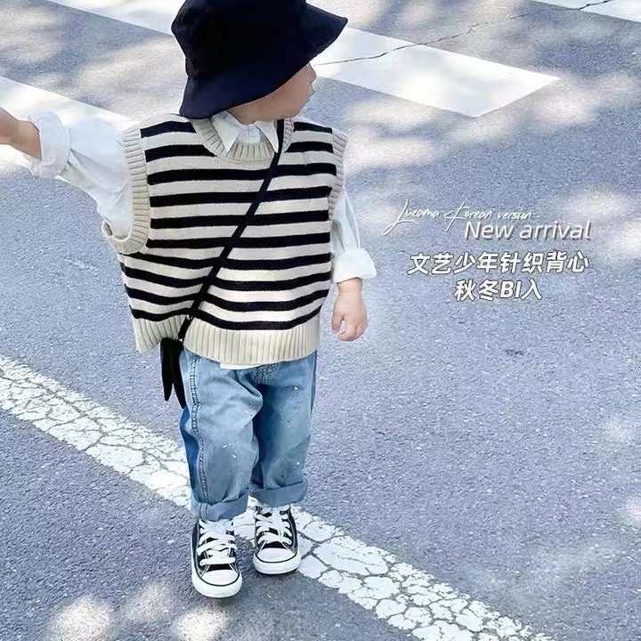 潮流百搭2025文艺少年日系儿童春秋季新款休闲条纹针织马甲背心