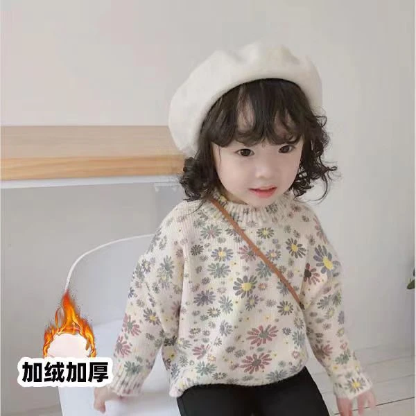 2025秋冬新款女童仿水貂绒菊花毛衣儿童加绒加厚花朵圆领针织上衣