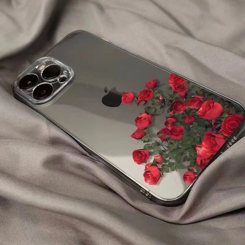 ins风苹果14promax手机壳热烈红玫瑰花朵iPhone11/12磨砂防摔7/13