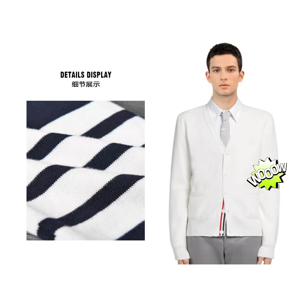 纯棉色织四条春秋季新款针织开衫男女情侣百搭休闲开衫简约潮流