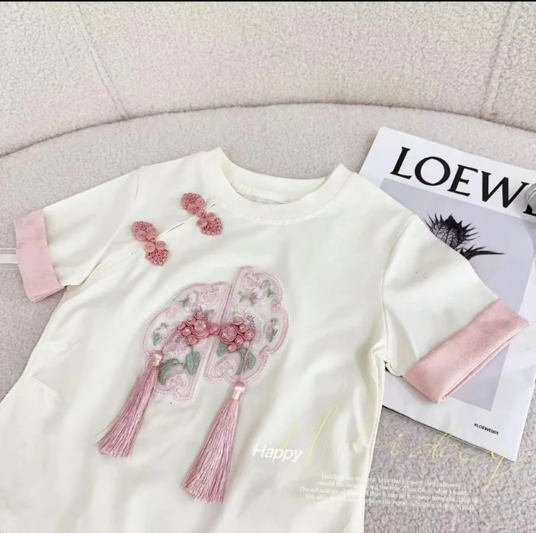 女童短袖2024夏季新款童装中大童洋气上衣新中式T恤盘扣搭配流苏