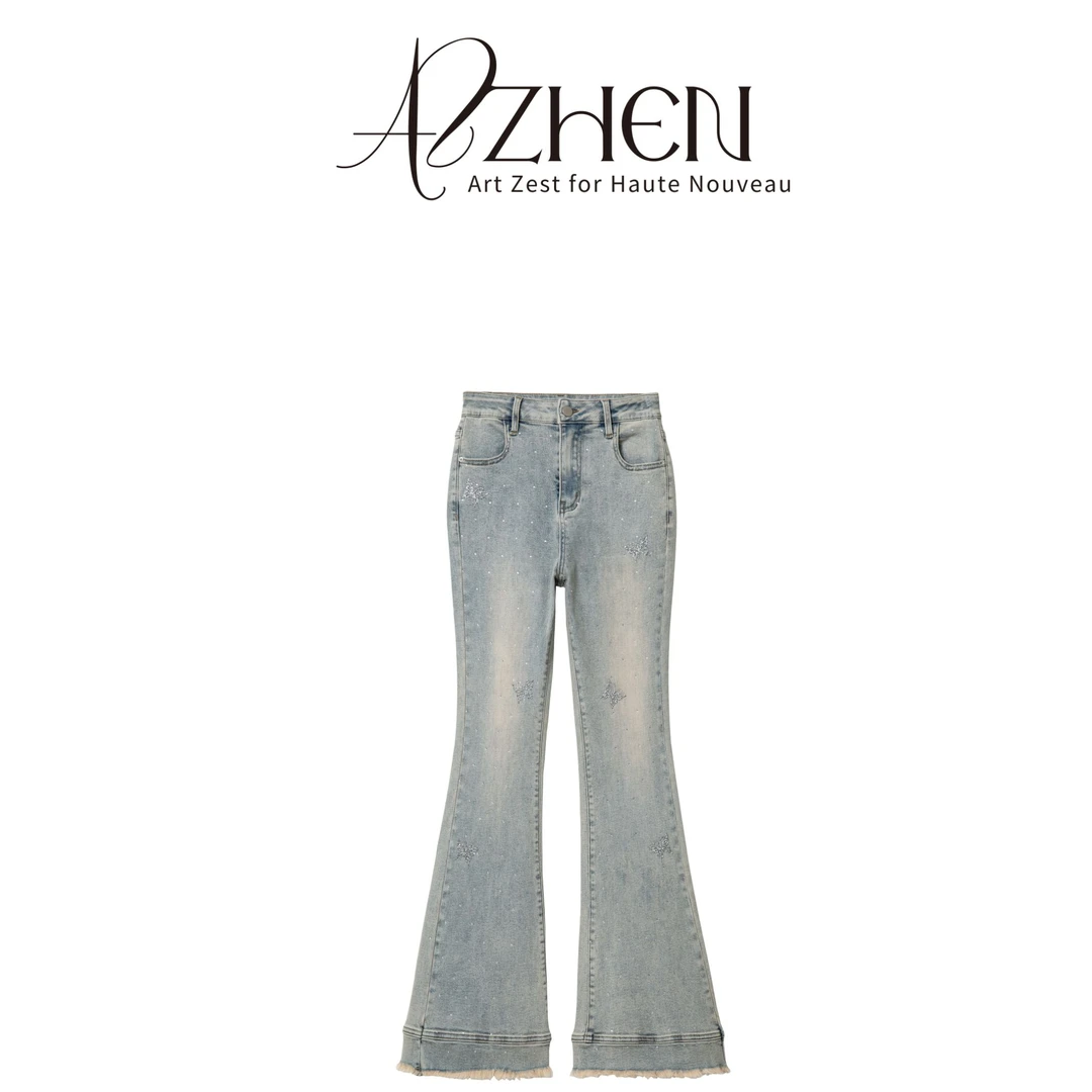 AZZHEN【铃兰千金】重工浅色烫钻高腰微喇牛仔裤女款AZ4GNK