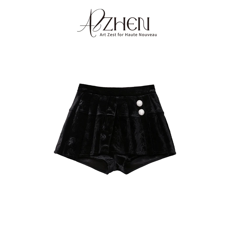 AZZHEN【天鹅圆舞曲】重工压花黑天鹅丝绒钻扣百褶短裙AZ4JSQ16-00