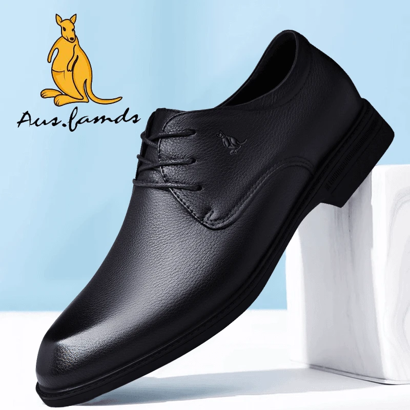 澳洲名袋鼠男士皮鞋软皮软底商务休闲鞋百搭透气英伦系带舒适男鞋