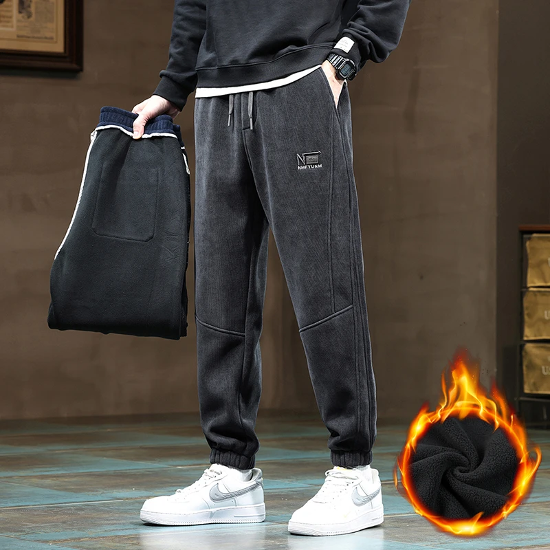 美式复古刺绣重磅卫裤男宽松束脚大码裤子男士秋冬款加绒休闲裤男