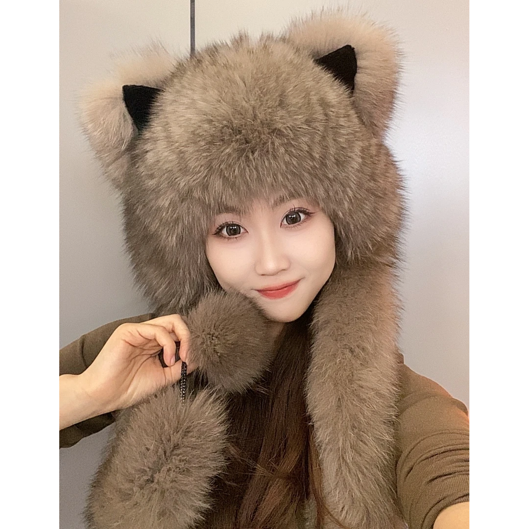 女款香妃帽子  围巾一体帽 狐狸毛皮草帽 编制款 冬保暖毛绒加厚