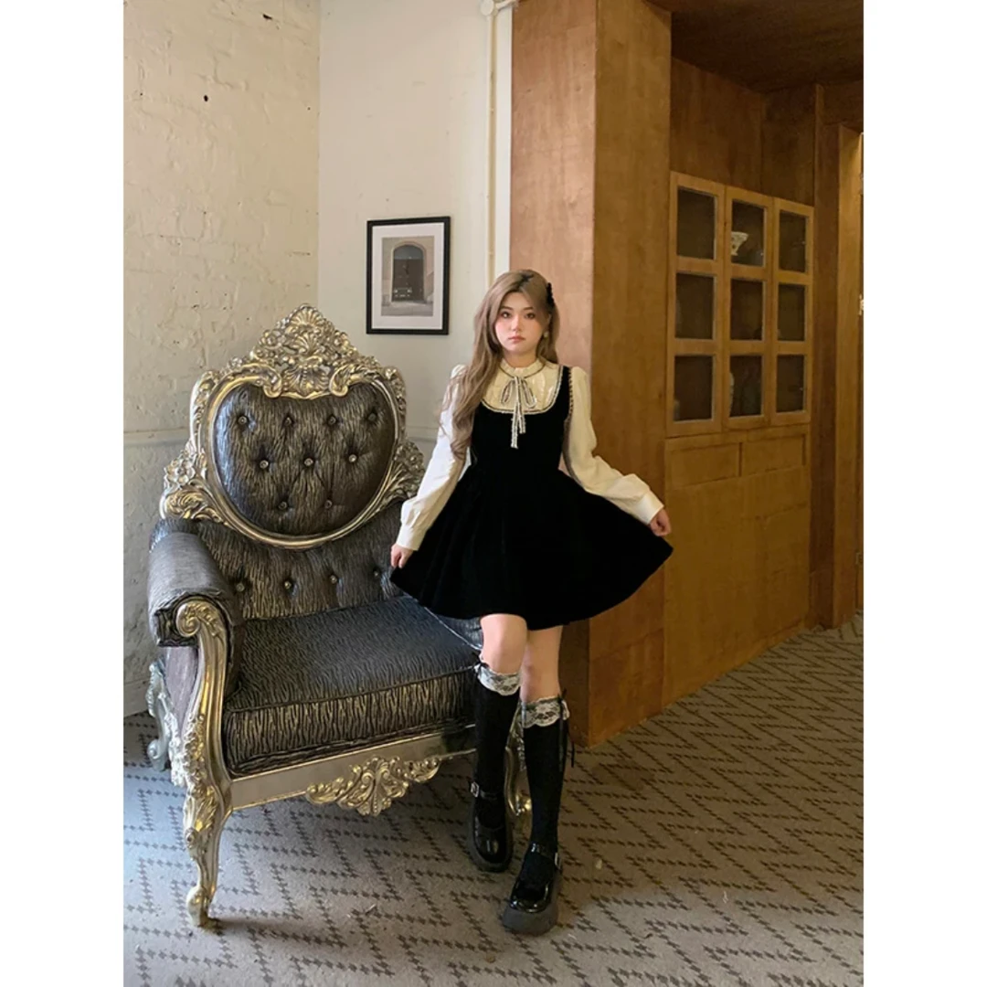 复古减龄假两件短款连衣裙秋季大码胖mm显瘦遮肉气质小黑裙