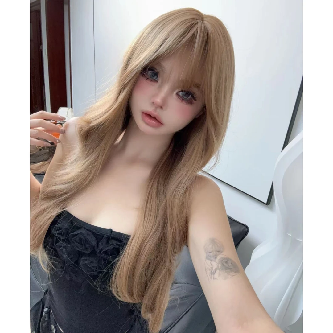 【奶茶砂金】假发女长卷发自然气质空气刘海奶茶香槟假发女款全头套