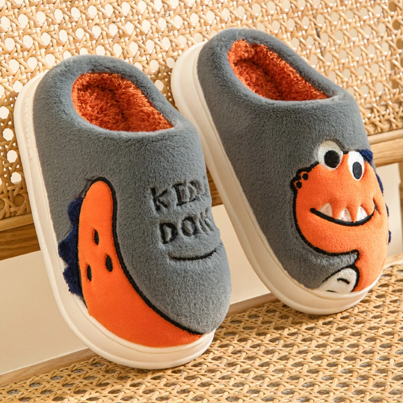 儿童棉拖鞋男童厚底保暖毛绒秋冬季小孩卡通恐龙宝宝居家防滑家用