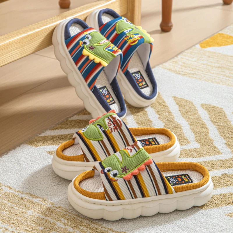 儿童拖鞋春秋季男童卡通居家大童厚底透气软底小男孩亚麻宝宝拖鞋