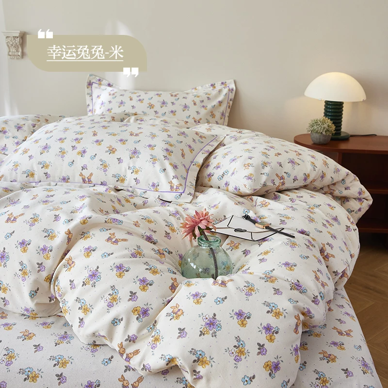 新款磨毛纯棉四件套印花格子亲肤裸睡单人学生宿舍全棉大被套床单