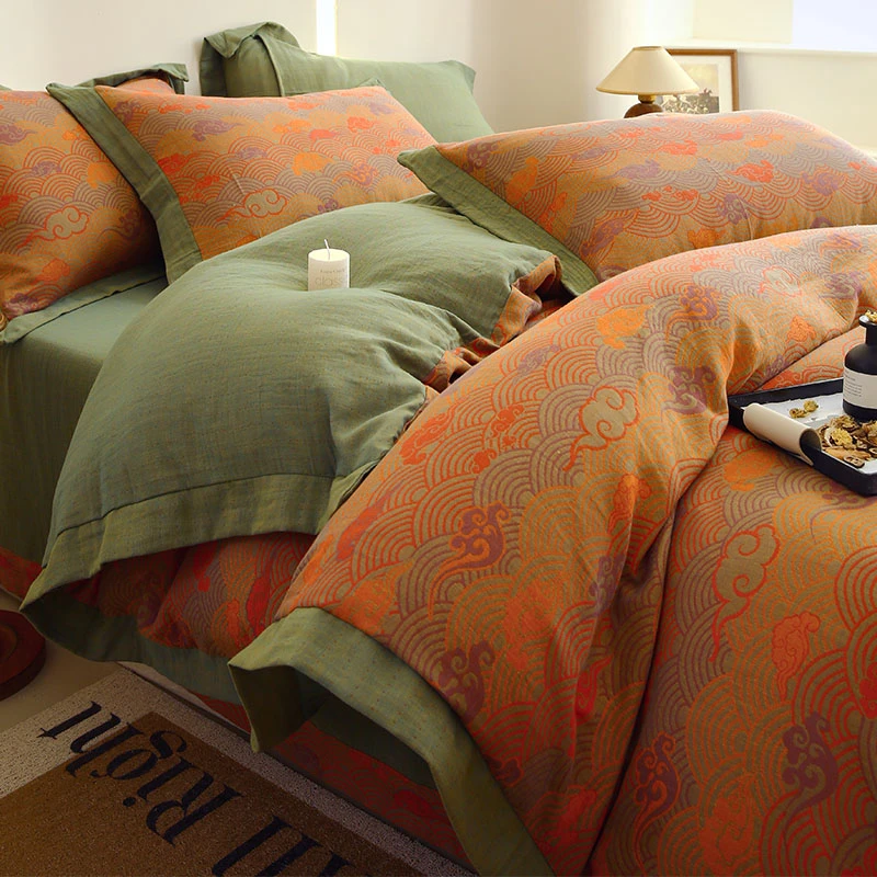 轻奢A类全棉双层纱四件套裸睡碎花美式复古印花纯棉学生家用套件