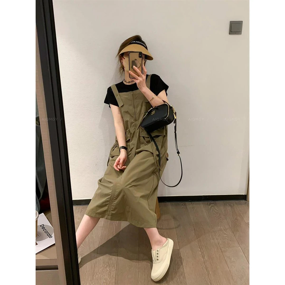大口袋工装背带裙女2024夏季韩系减龄学院风宽松休闲中长款后开叉