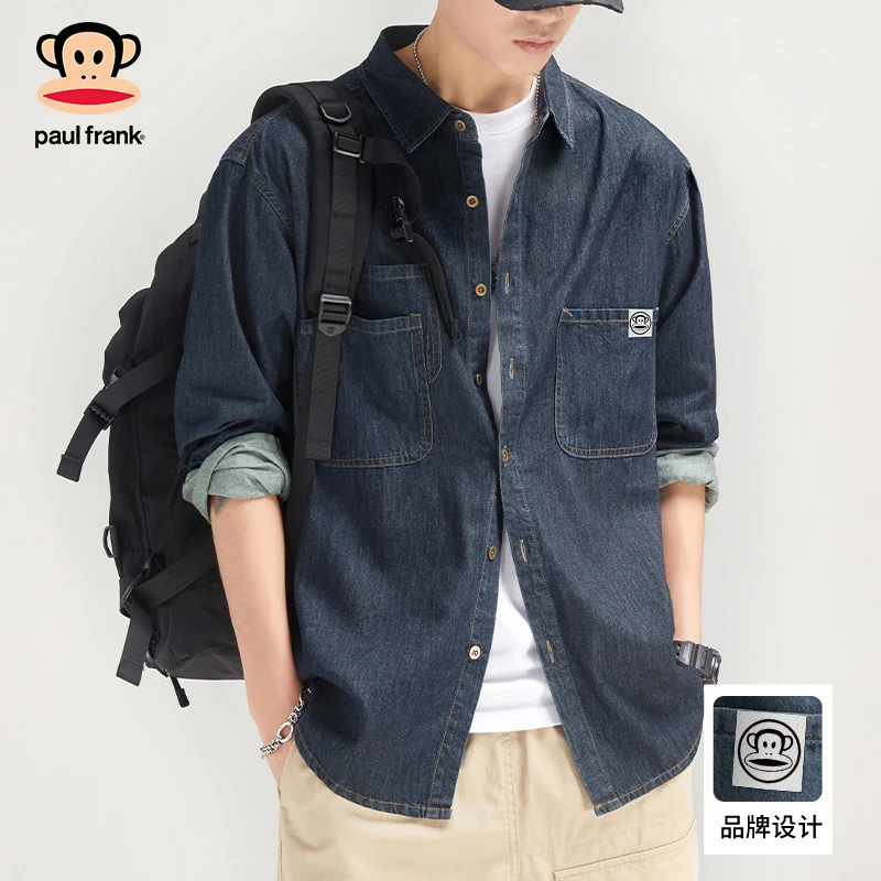 PaulFrank/大嘴猴美式水洗牛仔衬衫男2025秋冬宽松休闲长袖衬衣男