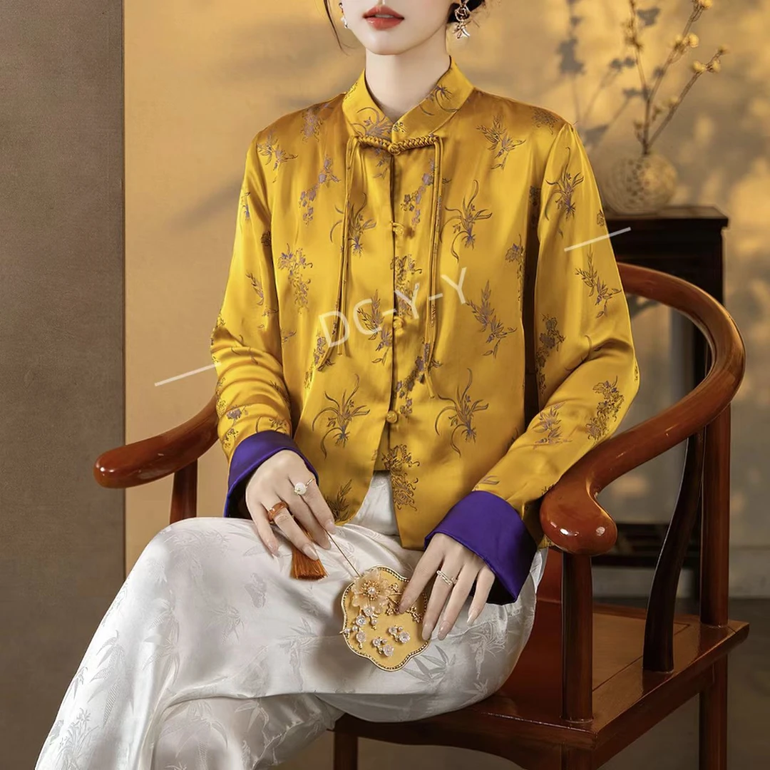《董家推荐》气质新中式双透花琵琶盘扣外套黄色长袖上衣
