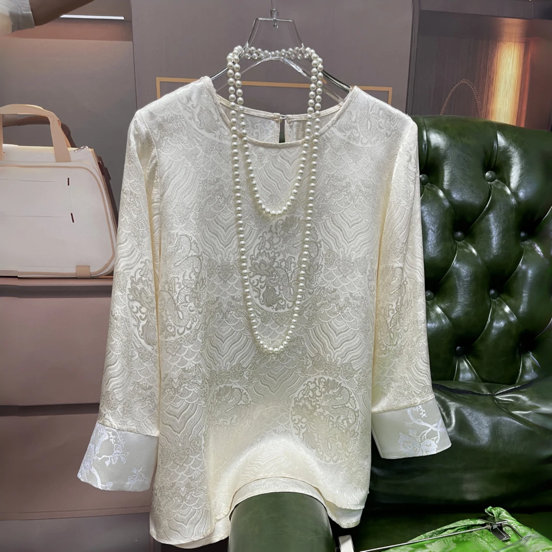 《董太》气质中式轻国风圆领撞色袖口套头提花衬衫