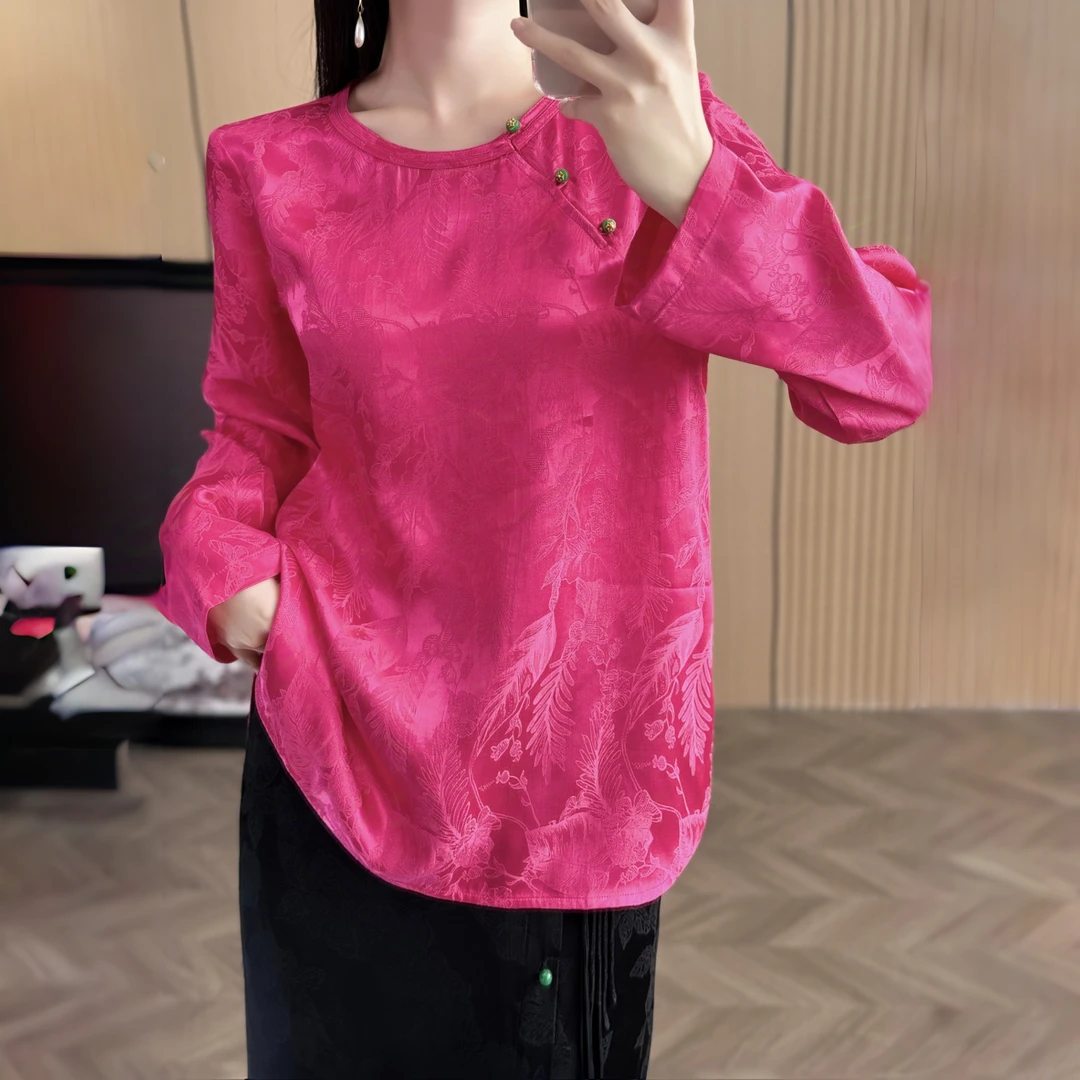 《董太推荐》新中式时尚气质提花圆领斜襟套头式长袖衬衫
