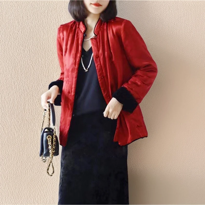 《英家推荐》复古中国风袖口撞色桑蚕丝丝绒双面穿棉服