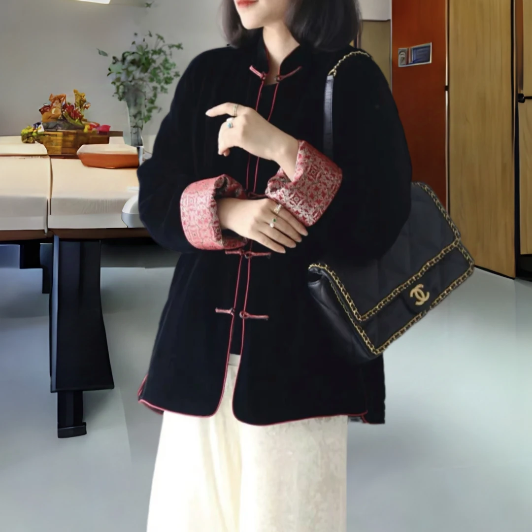 《英家推荐》冬季气质立领袖口红色提花撞色加棉唐装对襟盘扣棉服