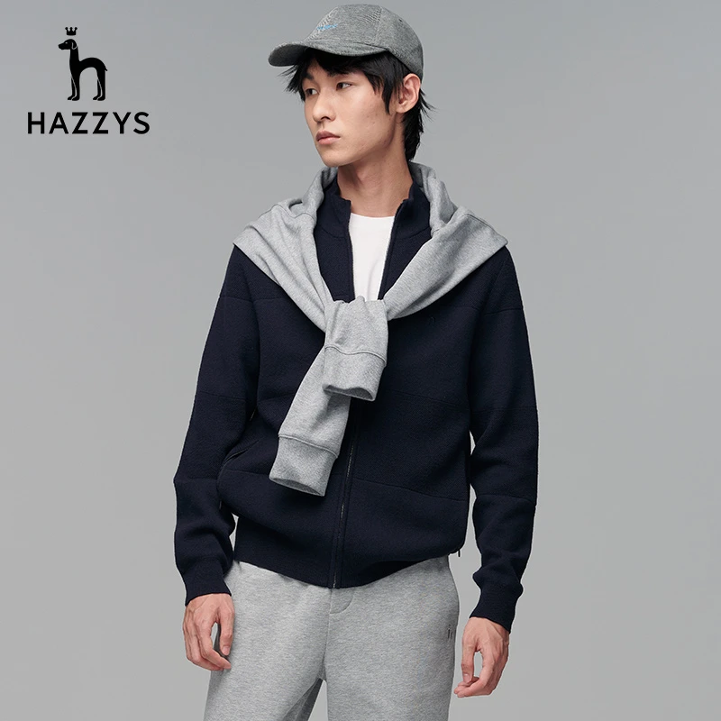 Hazzys哈吉斯男装英伦针织开衫毛衣秋季男士羊毛混纺休闲毛衫