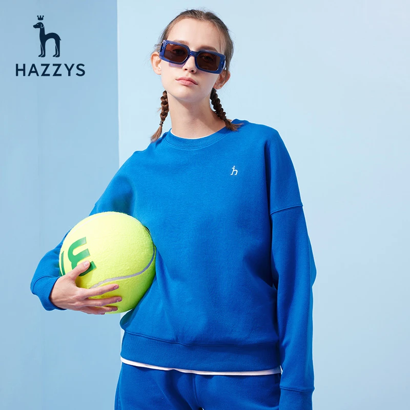 Hazzys哈吉斯圆领长袖卫衣女士时尚户外百搭春季新款宽松印花T恤