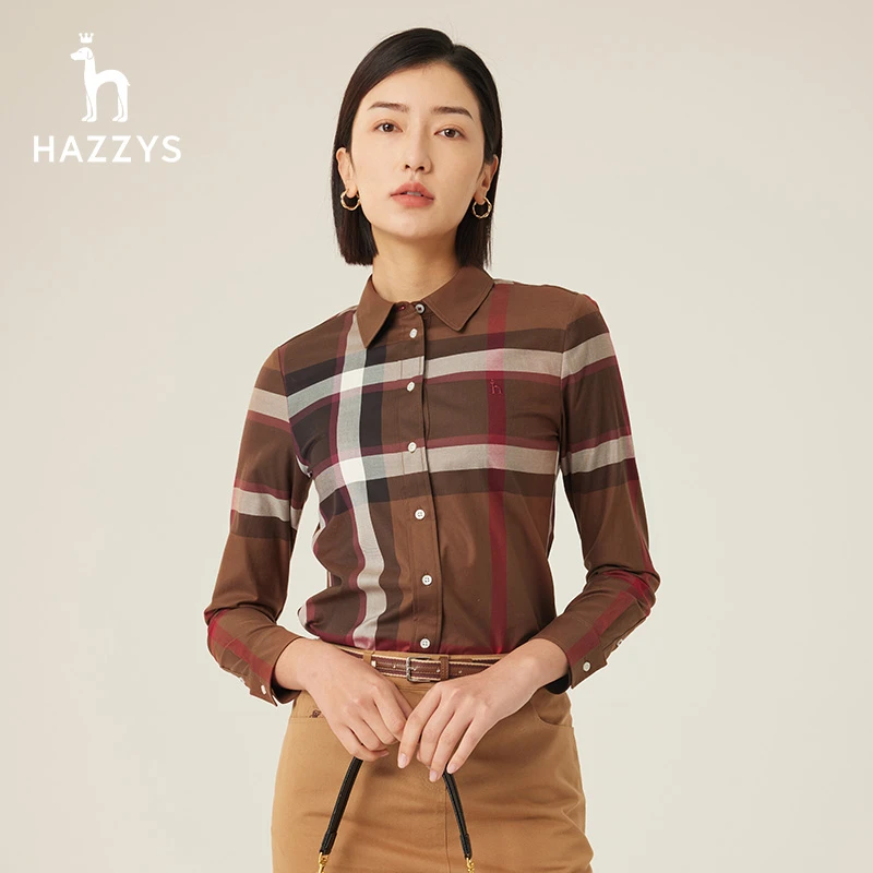 Hazzys哈吉斯格纹长袖衬衫时尚上衣女士新款春秋衬衣休闲气质