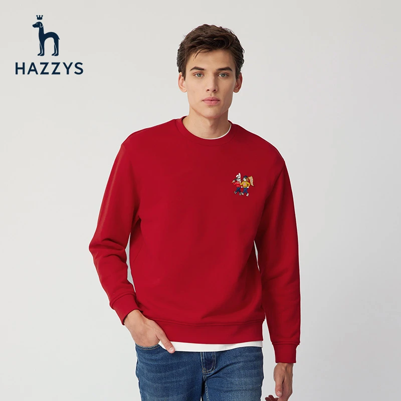 Hazzys哈吉斯圆领套头休闲男士长袖户外简约红色时尚图案卫衣宽松