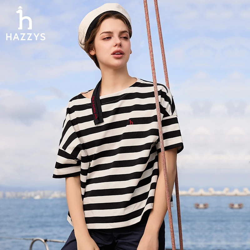Hazzys/哈吉斯夏季女士打底撞色休闲时尚百搭简约条纹宽松短袖T恤