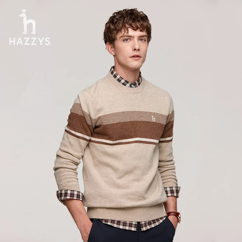 【100%羊毛】Hazzys哈吉斯秋冬男士舒适羊毛衫休闲圆领针织套头毛衣