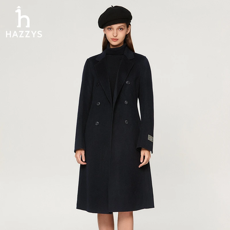 Hazzys哈吉斯秋冬季女士时尚休闲毛呢子外套中长款女装绵羊毛大衣