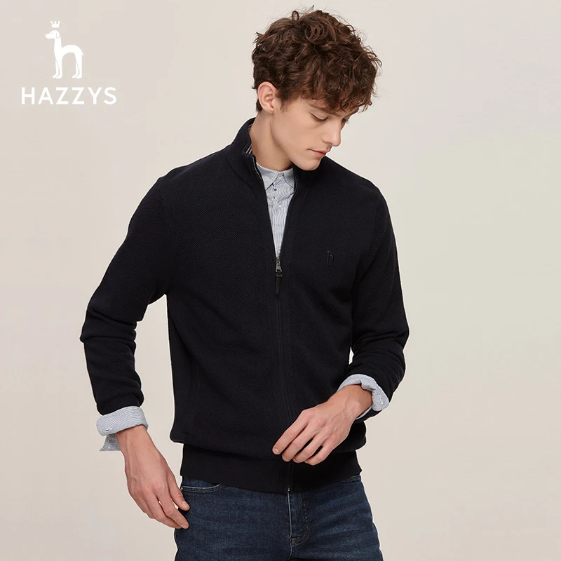 Hazzys哈吉斯秋冬半高领男士休闲纯色外套绅士舒适商务针织开衫