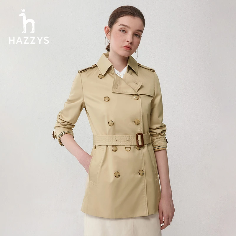 Hazzys/哈吉斯春秋女士时尚收腰双排扣休闲英伦气质百搭风衣外套
