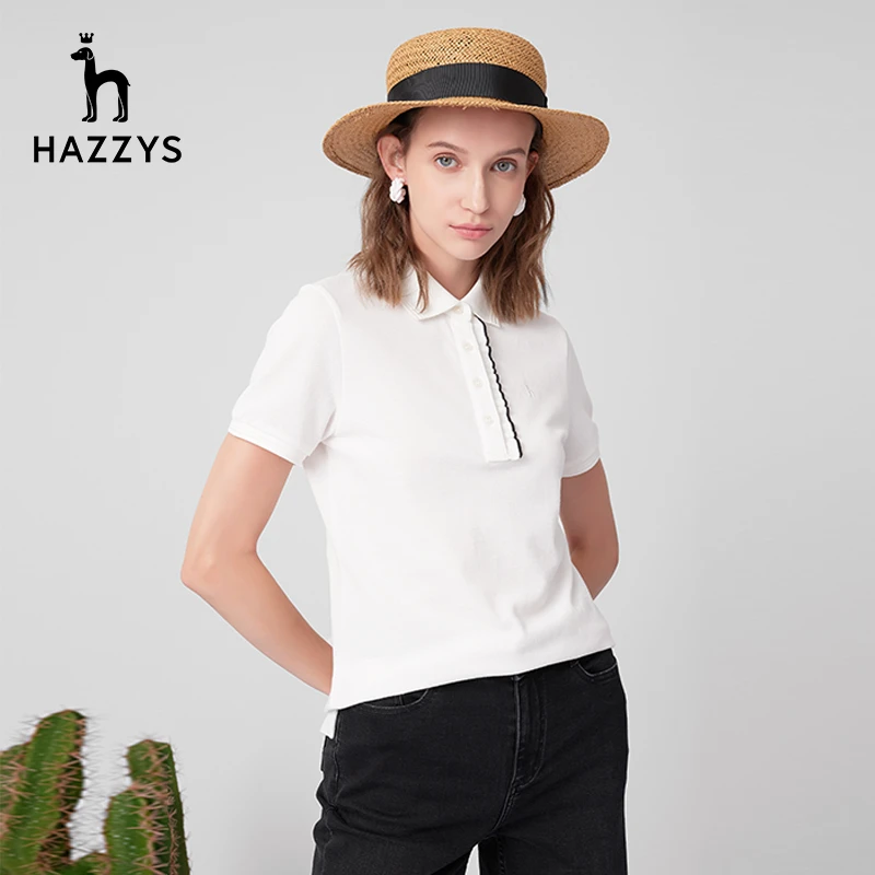 Hazzys哈吉斯短袖木耳边襟polo衫女夏简约百搭时尚翻领短袖T