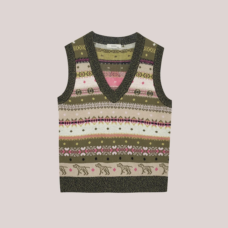 Hazzys哈吉斯女士秋冬季提花无袖文艺复古针织时尚背心马甲