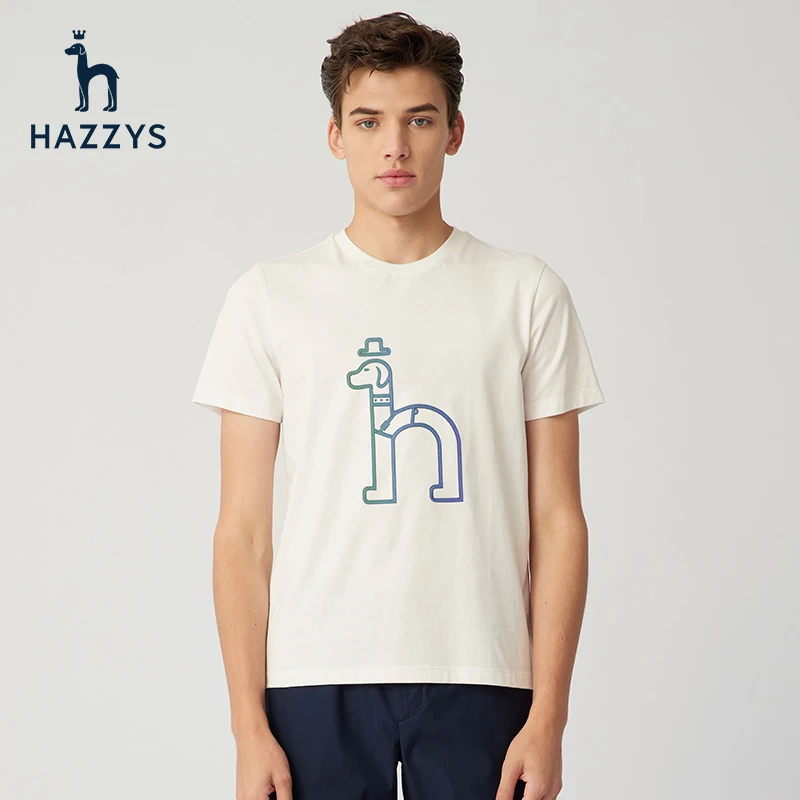Hazzys哈吉斯春夏季男士短袖T恤衫户外印花圆领时尚休闲短T男简约