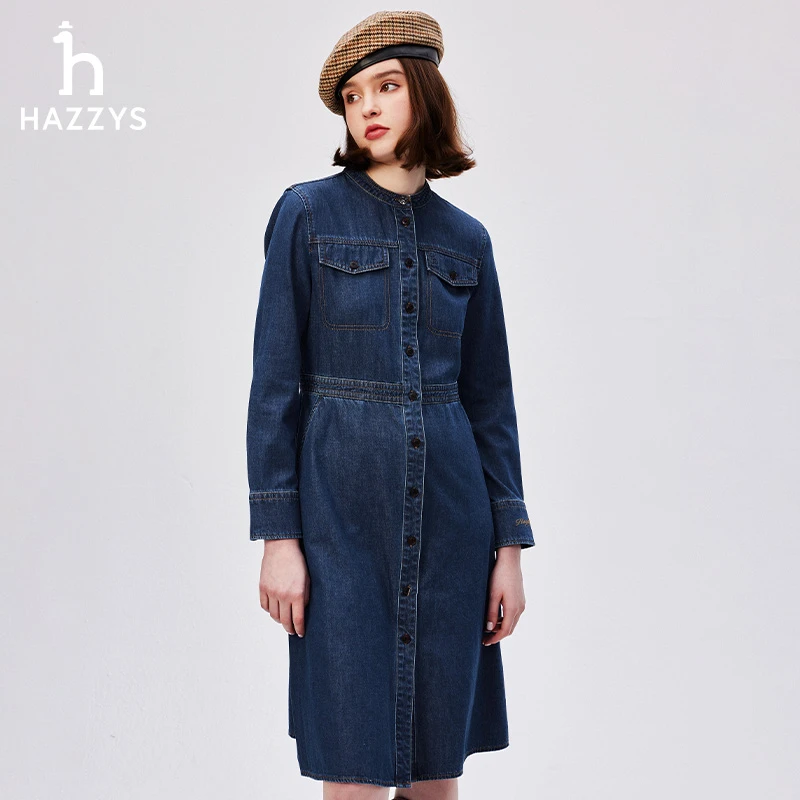 Hazzys哈吉斯春秋女装连衣裙时尚复古休闲收腰中长裙气质长袖
